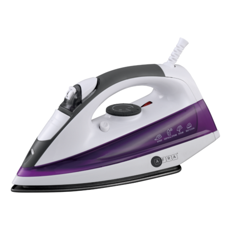 AFRA Steam Iron, 2200W, 430ml Capacity, White And Purple, Ceramic Coated Soleplate, Vertical Steam, ESMA Approved, AF-2200IRWP, 2 Years Warranty
